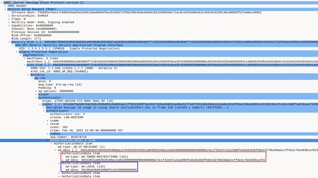 Wireshark 中反射的 AP_REQ 中的授权数据